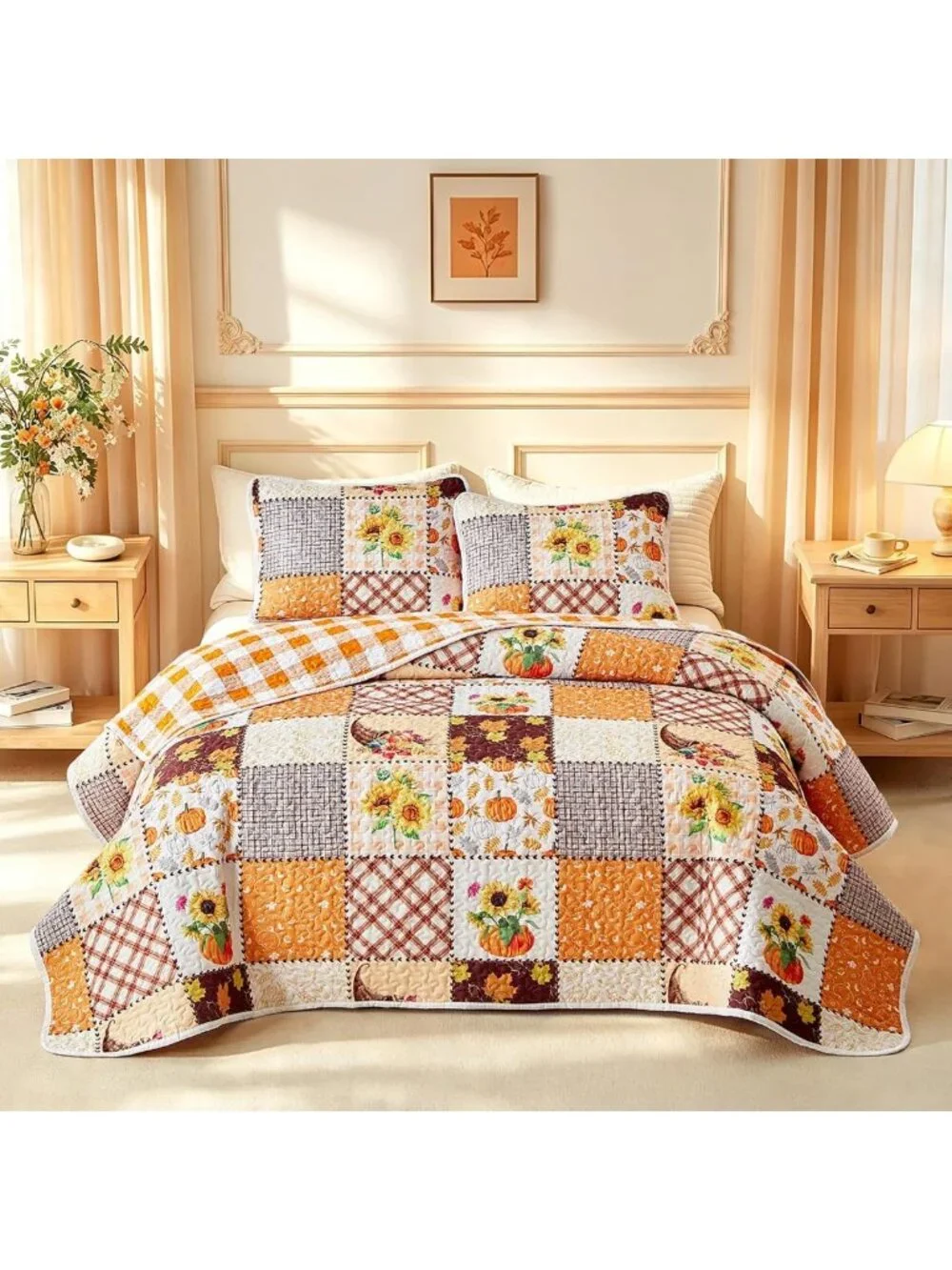 Autumn Harvest Patchwork Quilt Set - 2 Pieces Queen Size, Pumpkin Sunflower